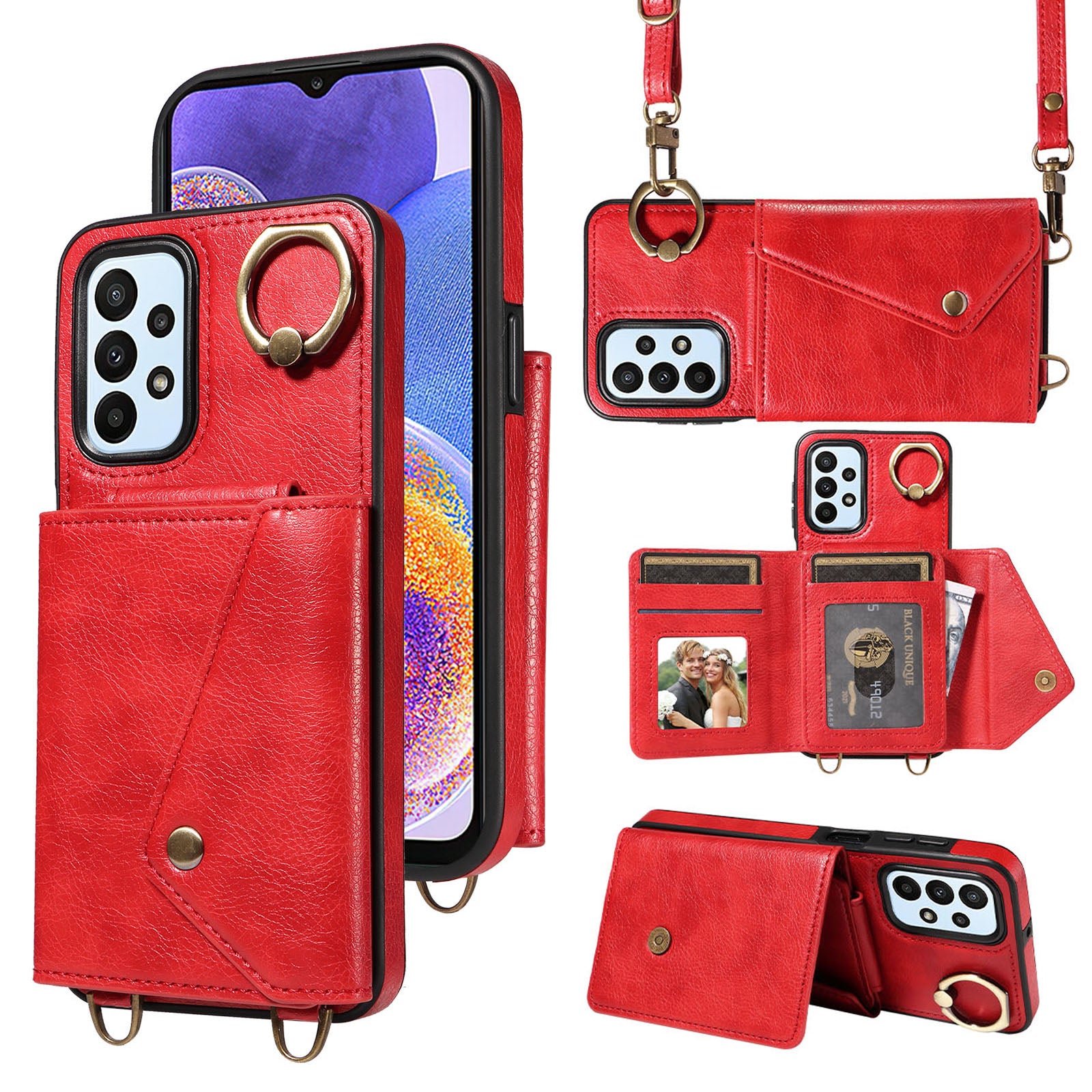 002 For Samsung Galaxy A23 4G A23 5G (Global Version) Back Cover Card Bag Ring Kickstand Litchi Texture Leather Coated TPU Phone Case with Shoulder Strap 002 For Samsung Galaxy A23 4G A23 5G (Global Version) Back Cover Card Bag Ring Kickstand Litchi Texture Leather Coated TPU Phone Case with Shoulder Strap